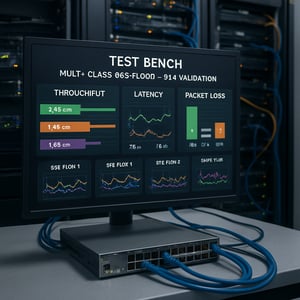 Data centre test bench showing multi-class QoS flows and dashboards