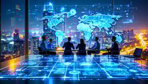 The image depicts a futuristic digital landscape showcasing a vibrant city skyline illuminated by neon lights under a twilight sky Towering skyscrapers designed with sleek modern architecture are adorned with holographic displays illustrating complex