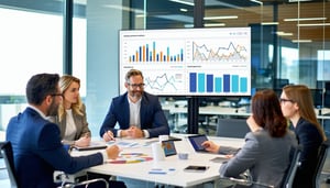 The image depicts a modern office with board members discussing budgets whilst in the background a computer image showing performance metrics-3