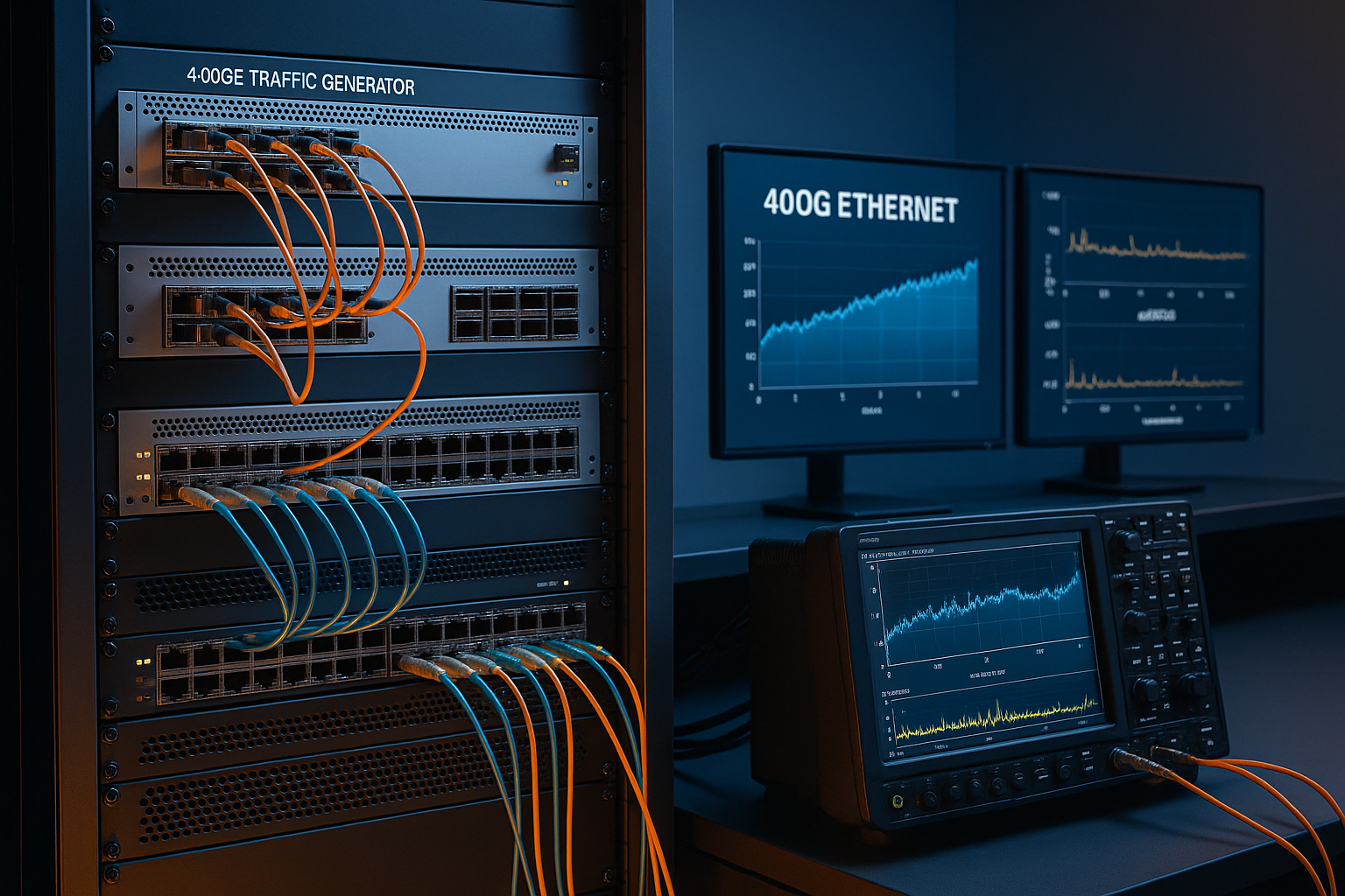 A modern network test lab validating 400G Ethernet with traffic generators, QSFP‑DD optics, switches and monitors showing throughput, latency and microburst graphs.